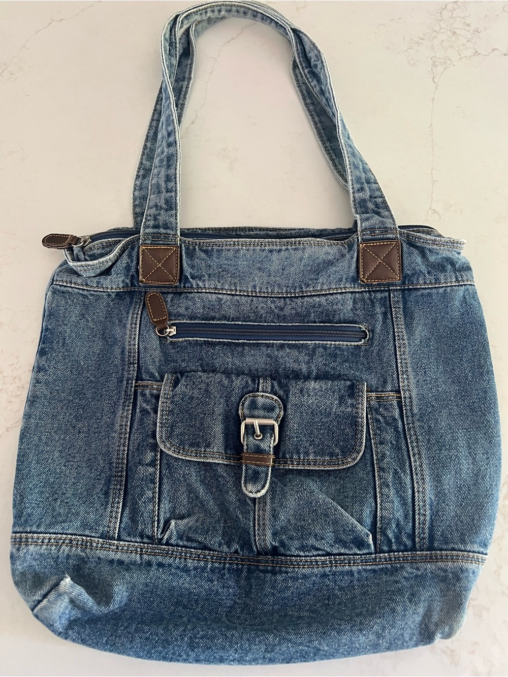 Y2K 100% Cotton Denim Shoulder Tote Bag Blue Jean Buckle Leather Trim - Picture 2 of 15